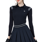 ストライプのショルダーパネルと日焼け防止のアイスシルクスリーブが付いたレディースブラックトップス