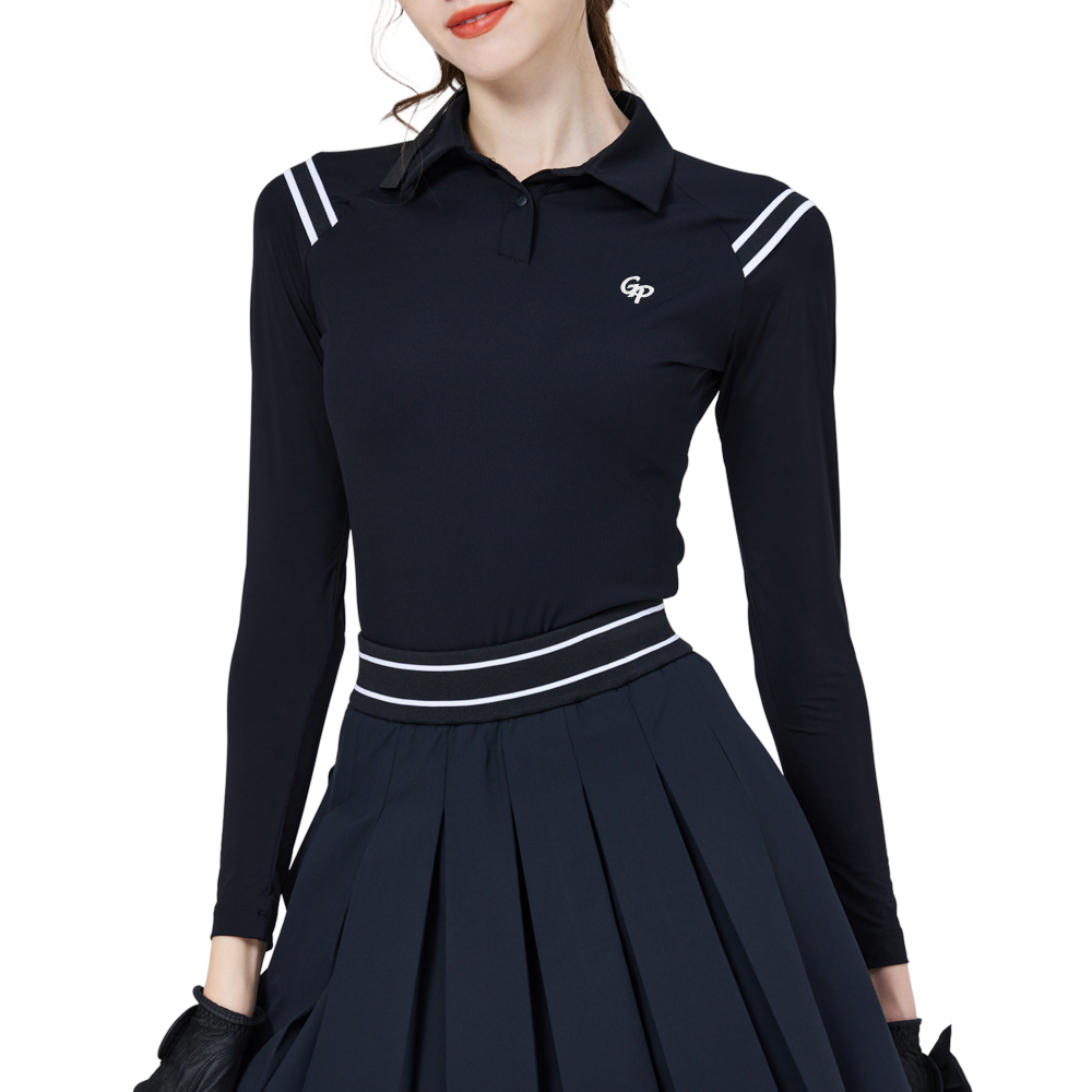 肩拼綫條防曬冰絲袖女上衣(黑)