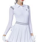 肩パネルのストライプと日焼け防止のアイスシルクスリーブを備えたレディーストップス（ホワイト）