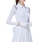 肩パネルのストライプと日焼け防止のアイスシルクスリーブを備えたレディーストップス（ホワイト）