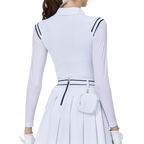 肩パネルのストライプと日焼け防止のアイスシルクスリーブを備えたレディーストップス（ホワイト）