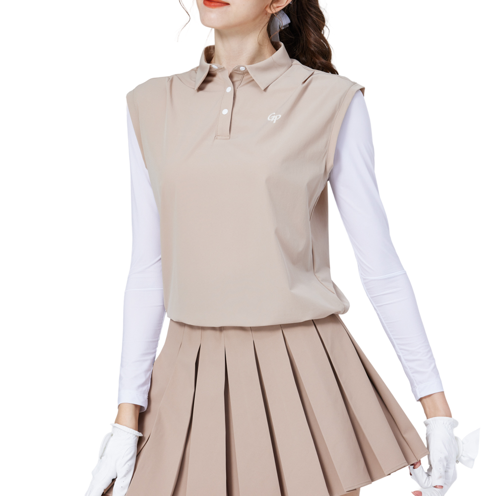 ゆったりとしたレイヤード風の涼感ノースリーブトップス（カーキ）