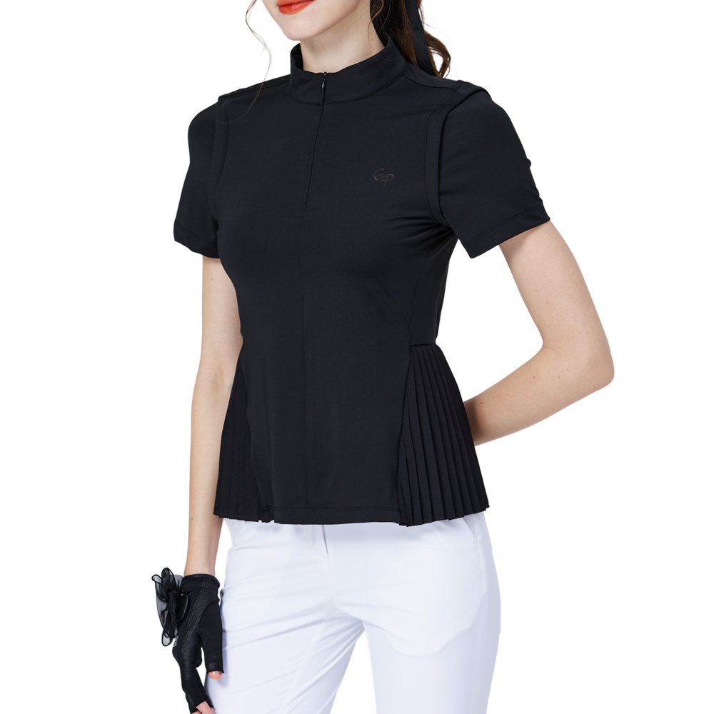 小百褶長版寬鬆女短袖上衣(黑)