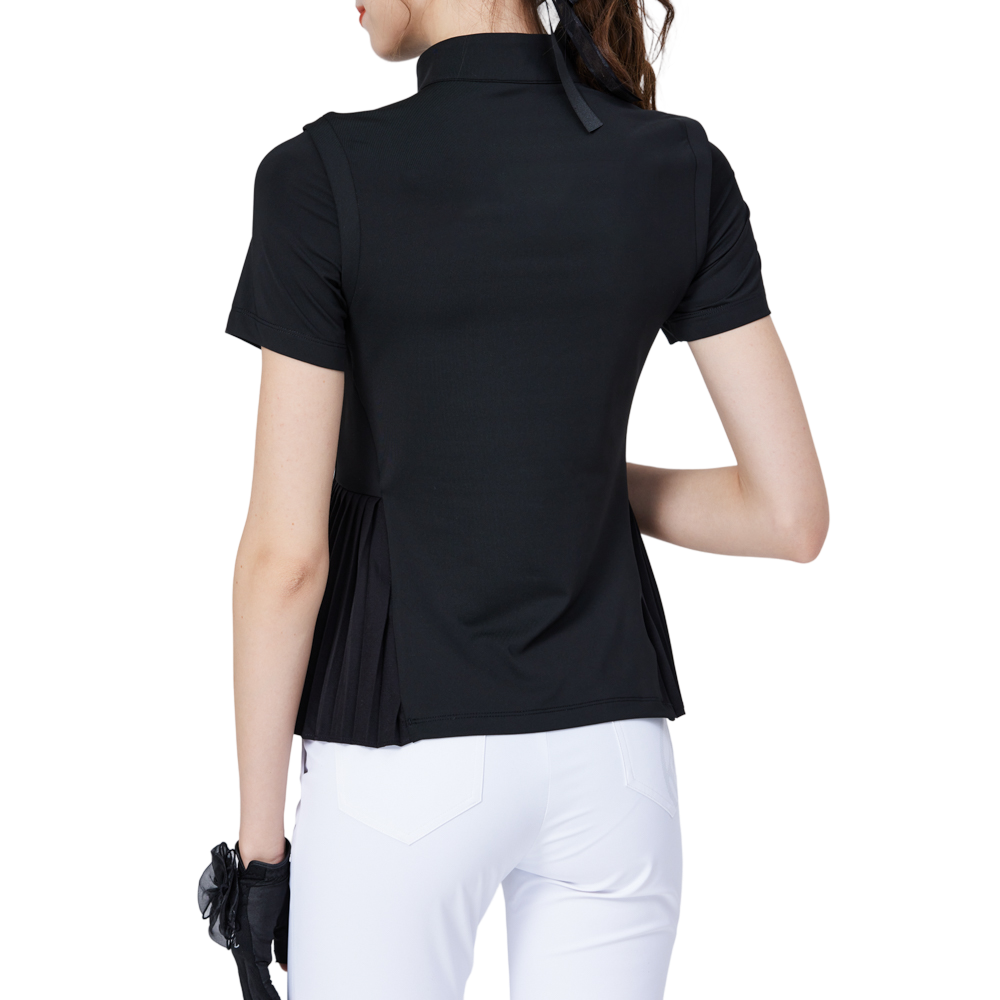 小百褶長版寬鬆女短袖上衣(黑)