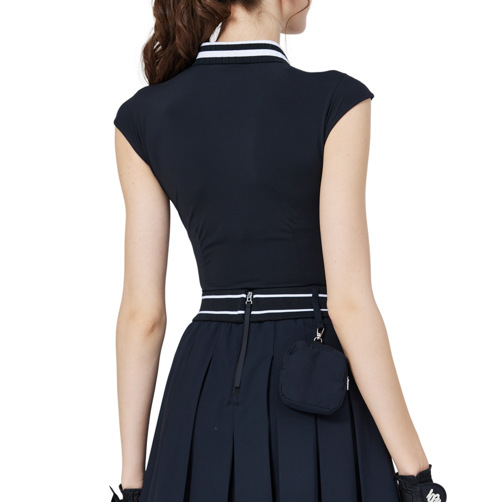 涼感收腰學院領女無袖上衣(黑)