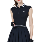 涼感收腰學院領女無袖上衣(黑)