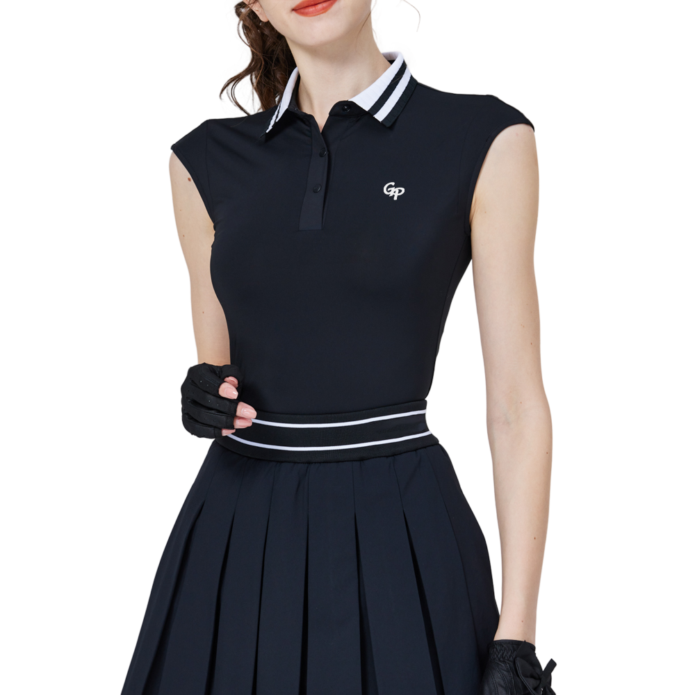 涼感收腰學院領女無袖上衣(黑)