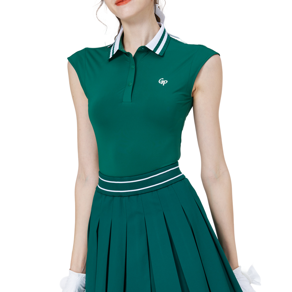 Cool-fitting, fitted waist, college neck, sleeveless top (dark green)