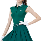 涼感收腰學院領女無袖上衣(墨綠)