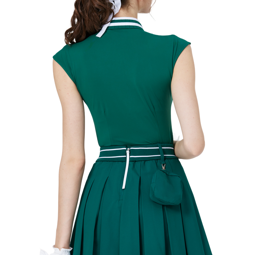 Cool-fitting, fitted waist, college neck, sleeveless top (dark green)