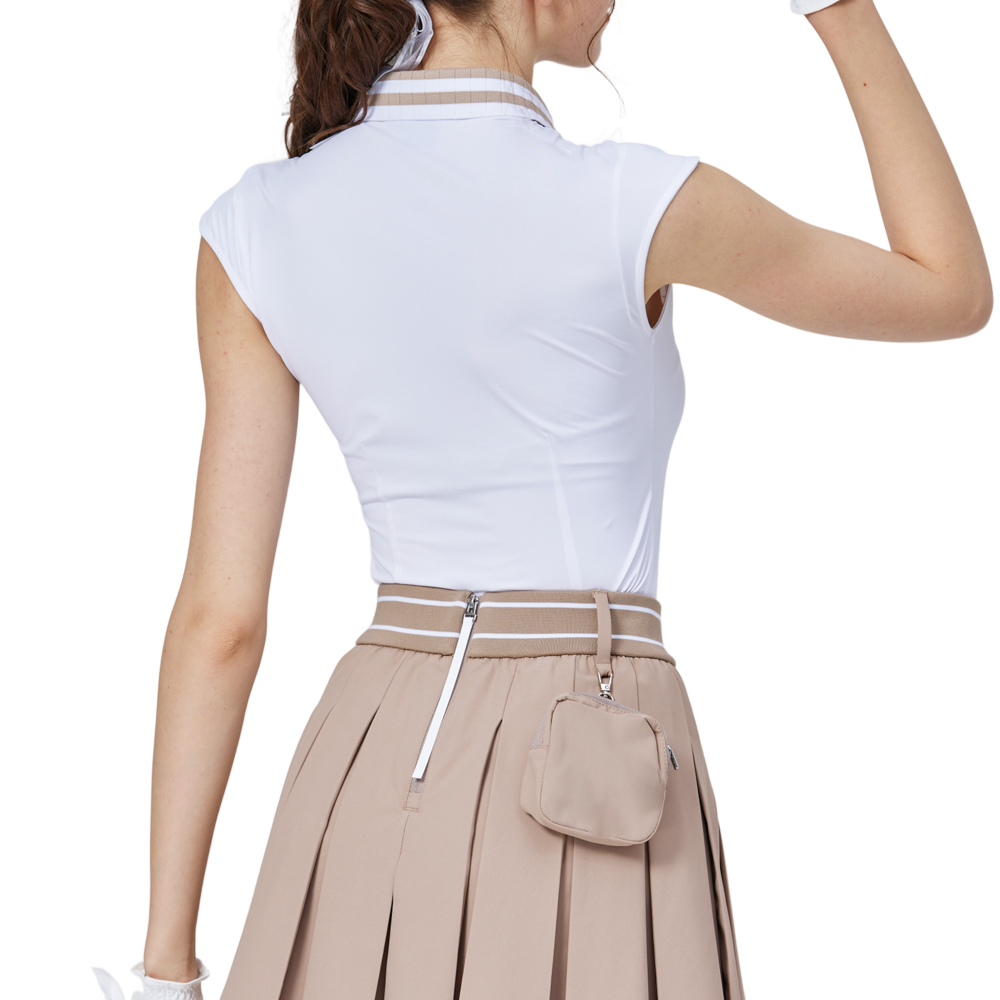 クールフィット、ウエストにフィット、カレッジネック、ノースリーブトップス（ホワイト）