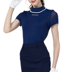 網紗袖圓領女短袖上衣(寶藍)