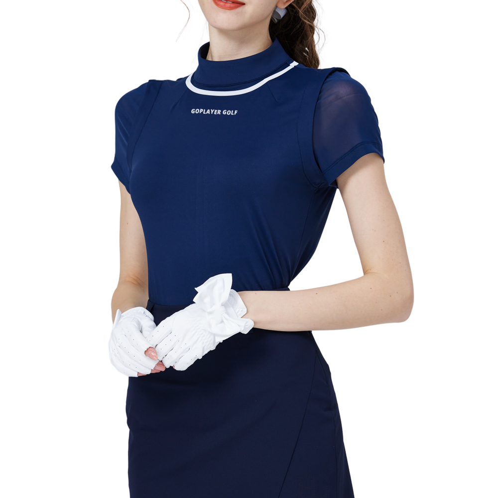 網紗袖圓領女短袖上衣(寶藍)