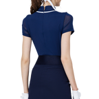 網紗袖圓領女短袖上衣(寶藍)