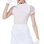 ラウンドネックとメッシュスリーブのレディース半袖トップス（ピンク）