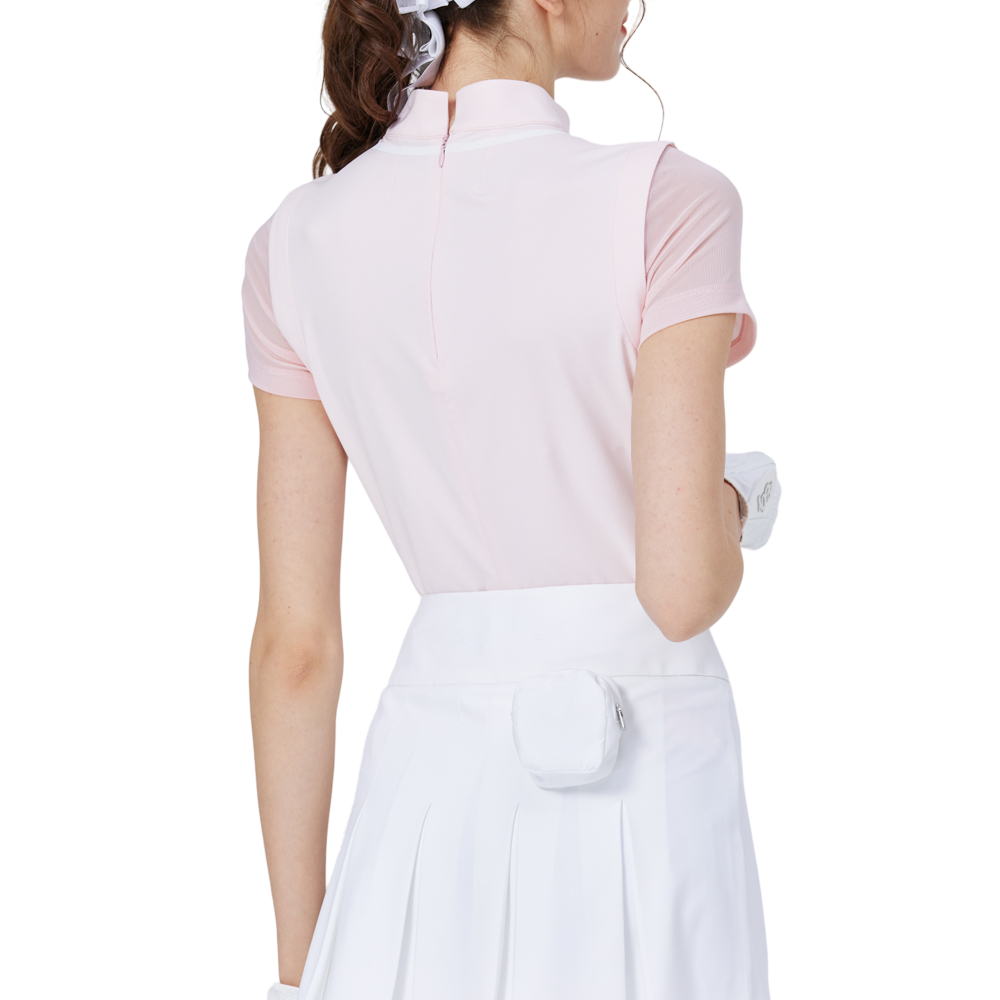 網紗袖圓領女短袖上衣(粉紅)