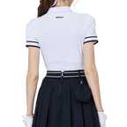 リブ編みの袖口、シルク仕上げ、レディース半袖トップス（ホワイト）