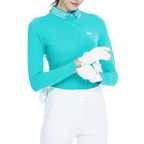 ニットジャカードカラー長袖トップス（シアン/ブルー）