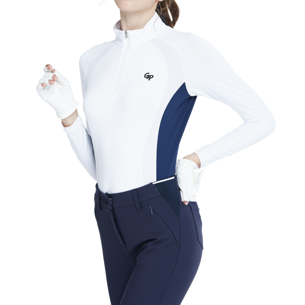 Zippered stand-up collar color-blocked long-sleeved top (white)