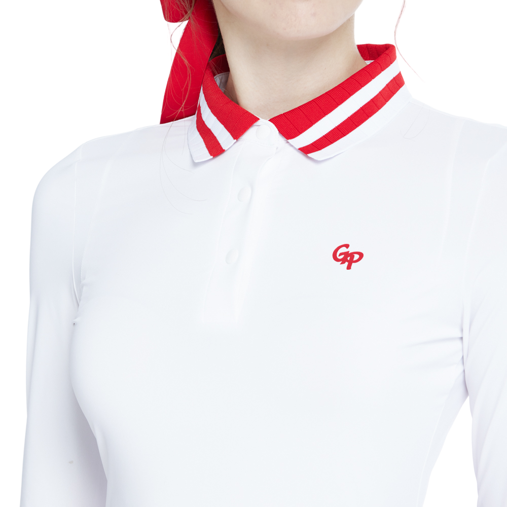 ニットジャカードカラー長袖トップス（白×赤）