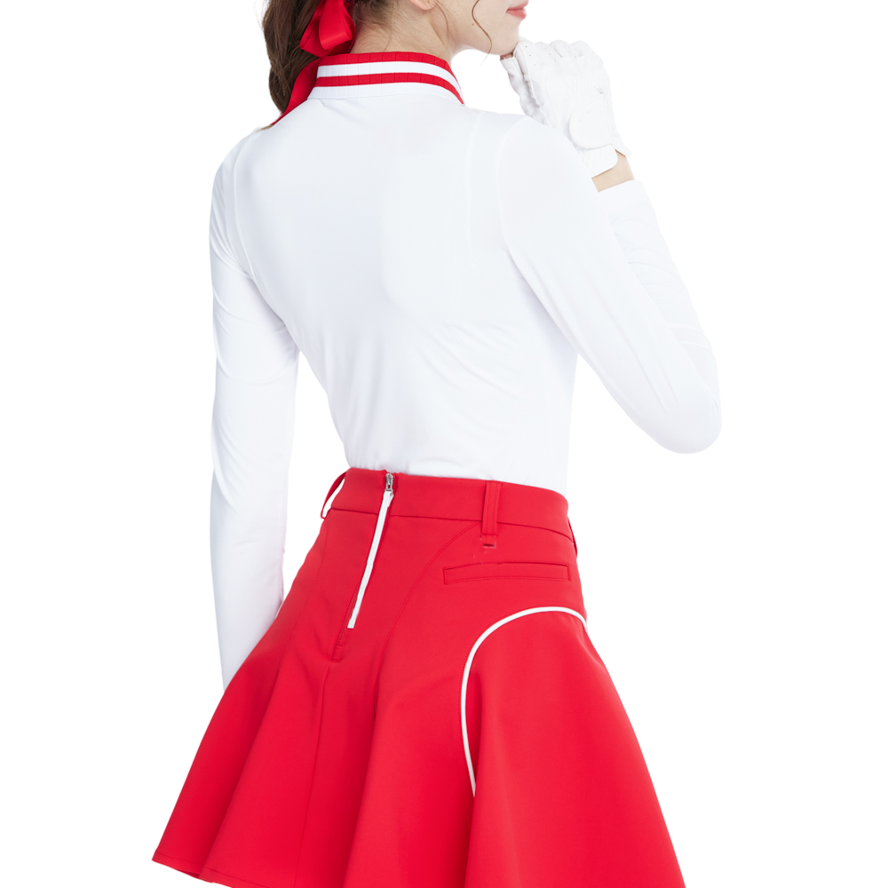 ニットジャカードカラー長袖トップス（白×赤）