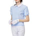 ギャザーの入った袖口と襟が付いたレディース半袖トップス