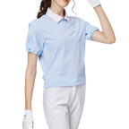 ギャザーの入った袖口と襟が付いたレディース半袖トップス