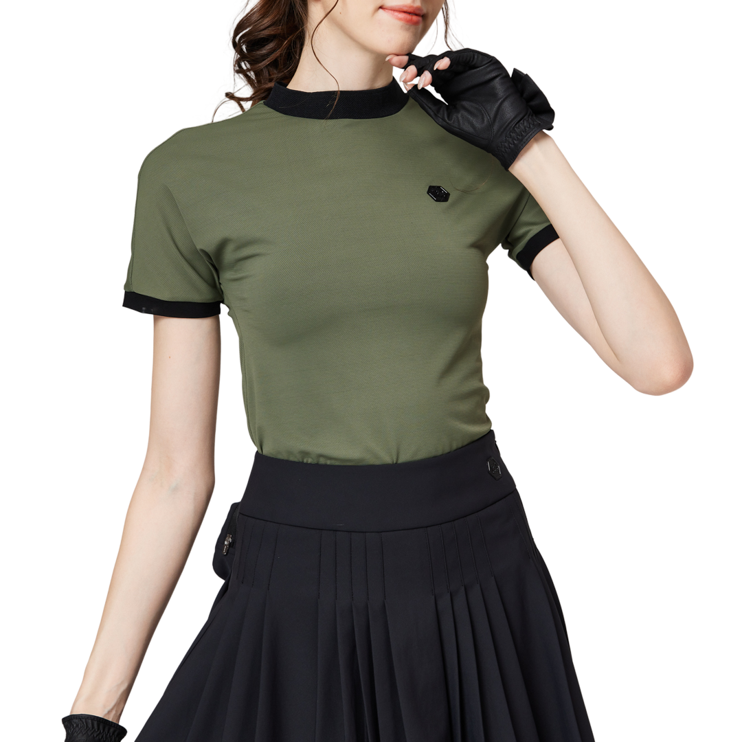 ビーズ付き高伸縮性スタンドカラーレディース半袖トップス