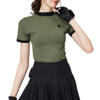 ビーズ付き高伸縮性スタンドカラーレディース半袖トップス