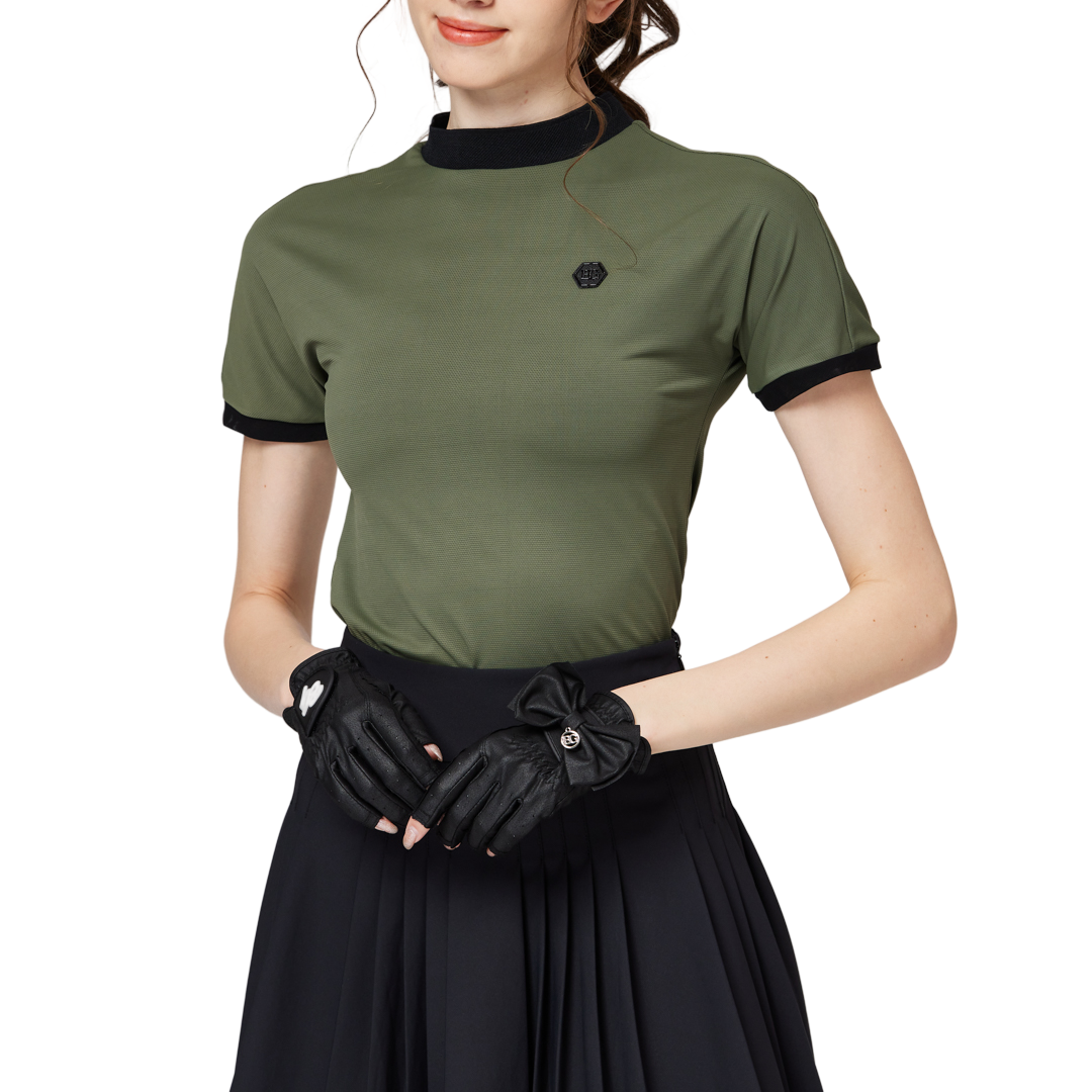 ビーズ付き高伸縮性スタンドカラーレディース半袖トップス