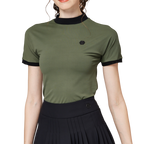 ビーズ付き高伸縮性スタンドカラーレディース半袖トップス