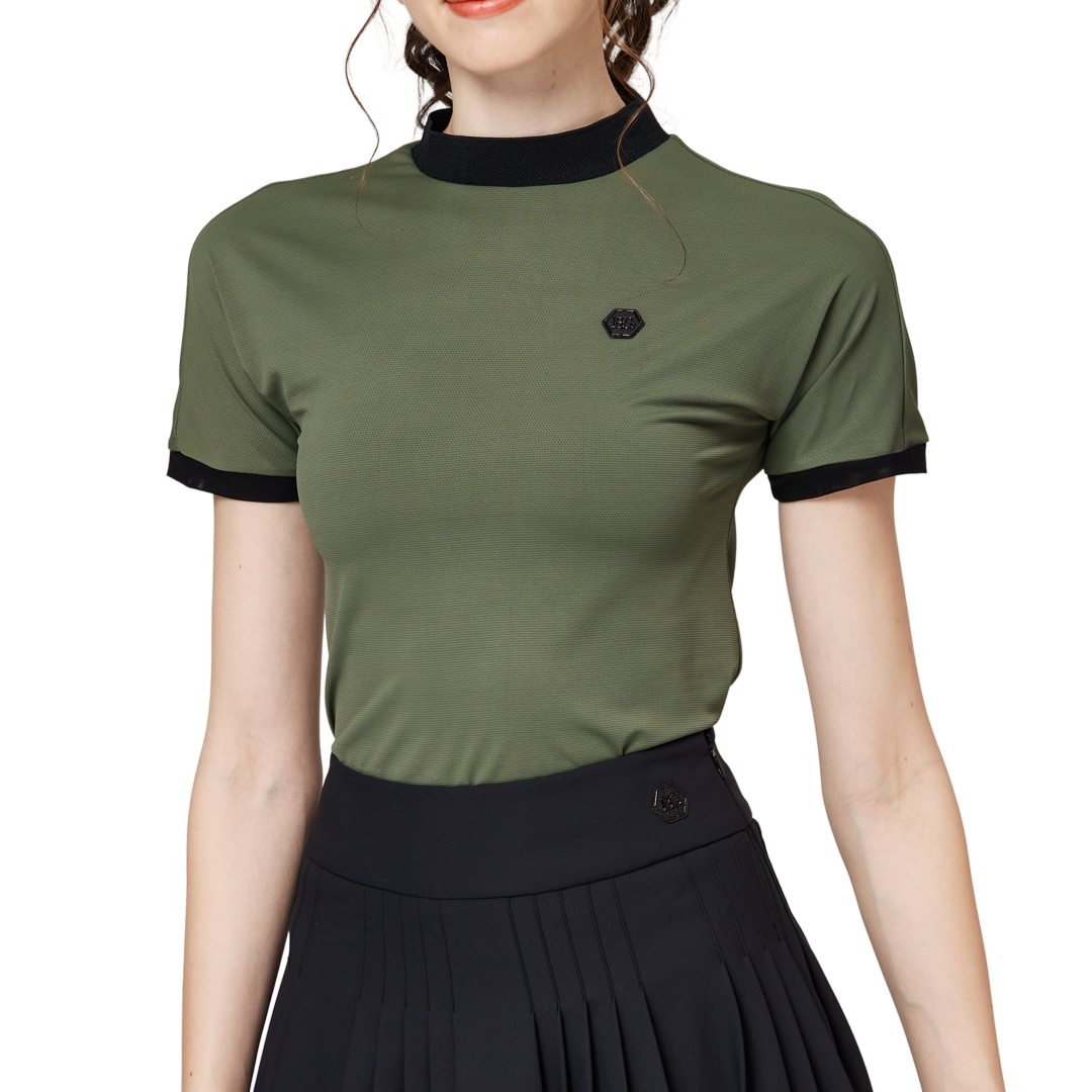 ビーズ付き高伸縮性スタンドカラーレディース半袖トップス