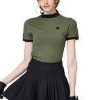 ビーズ付き高伸縮性スタンドカラーレディース半袖トップス