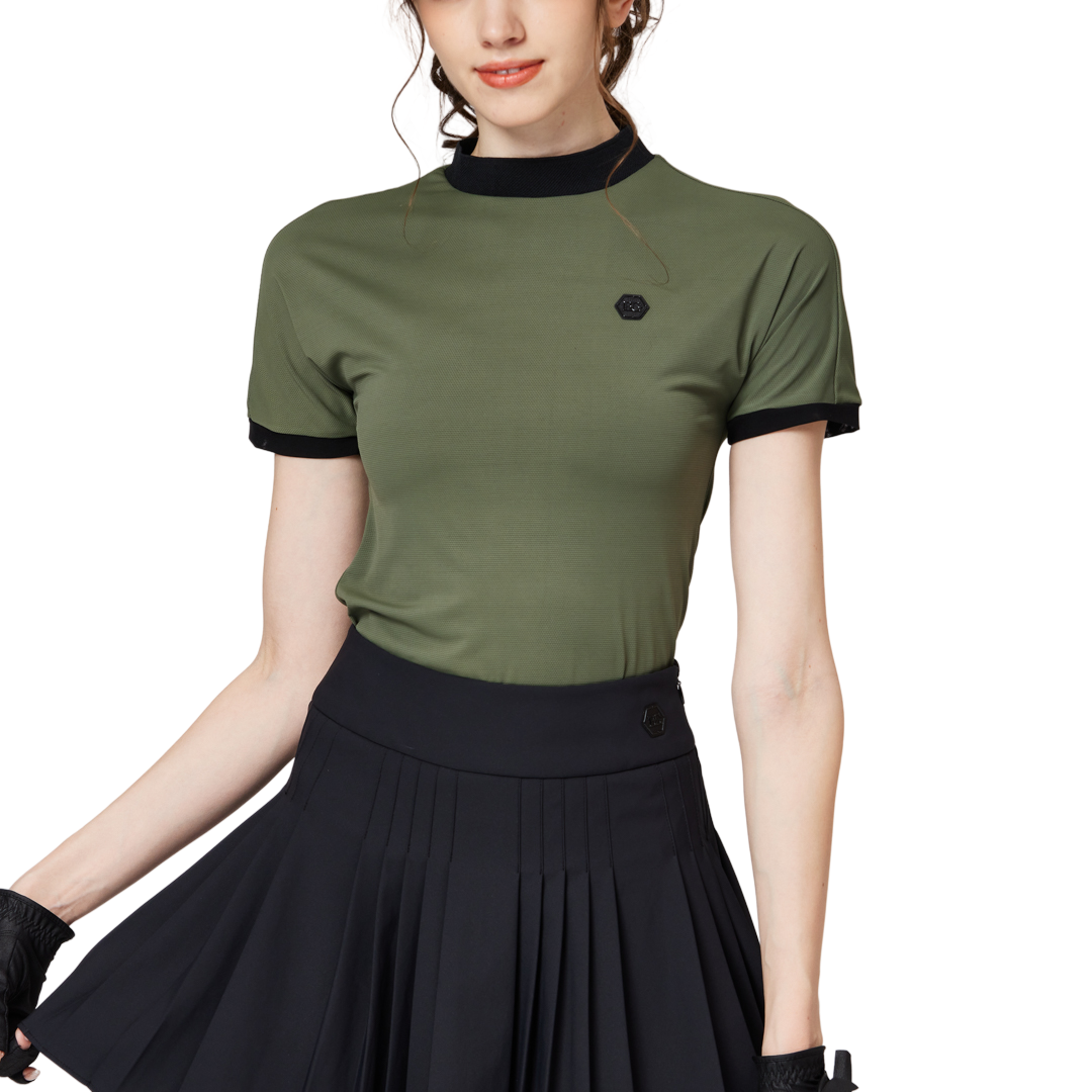 ビーズ付き高伸縮性スタンドカラーレディース半袖トップス