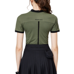 ビーズ付き高伸縮性スタンドカラーレディース半袖トップス