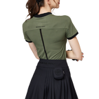 ビーズ付き高伸縮性スタンドカラーレディース半袖トップス