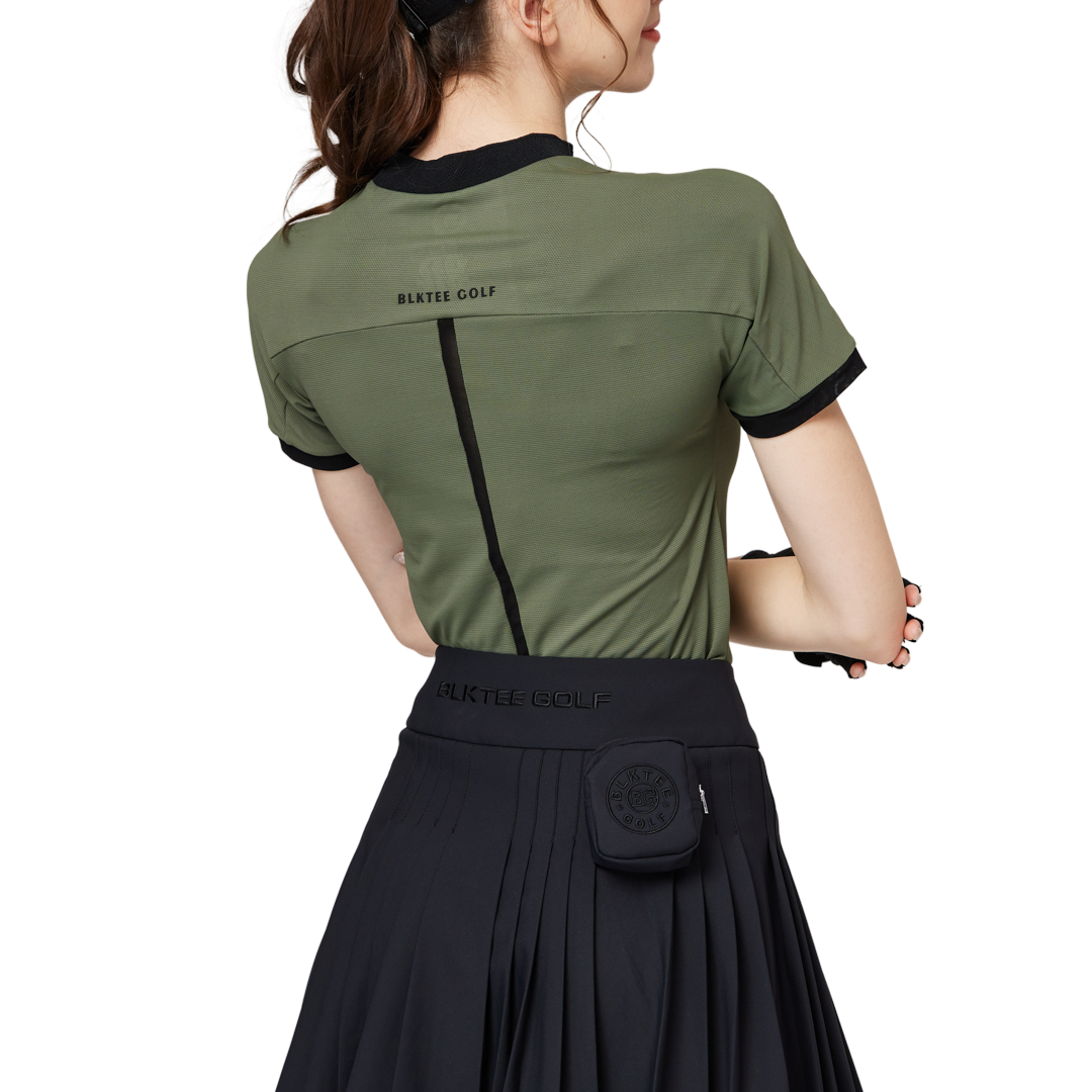 ビーズ付き高伸縮性スタンドカラーレディース半袖トップス