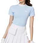 ビーズ付き高伸縮性スタンドカラーレディース半袖トップス