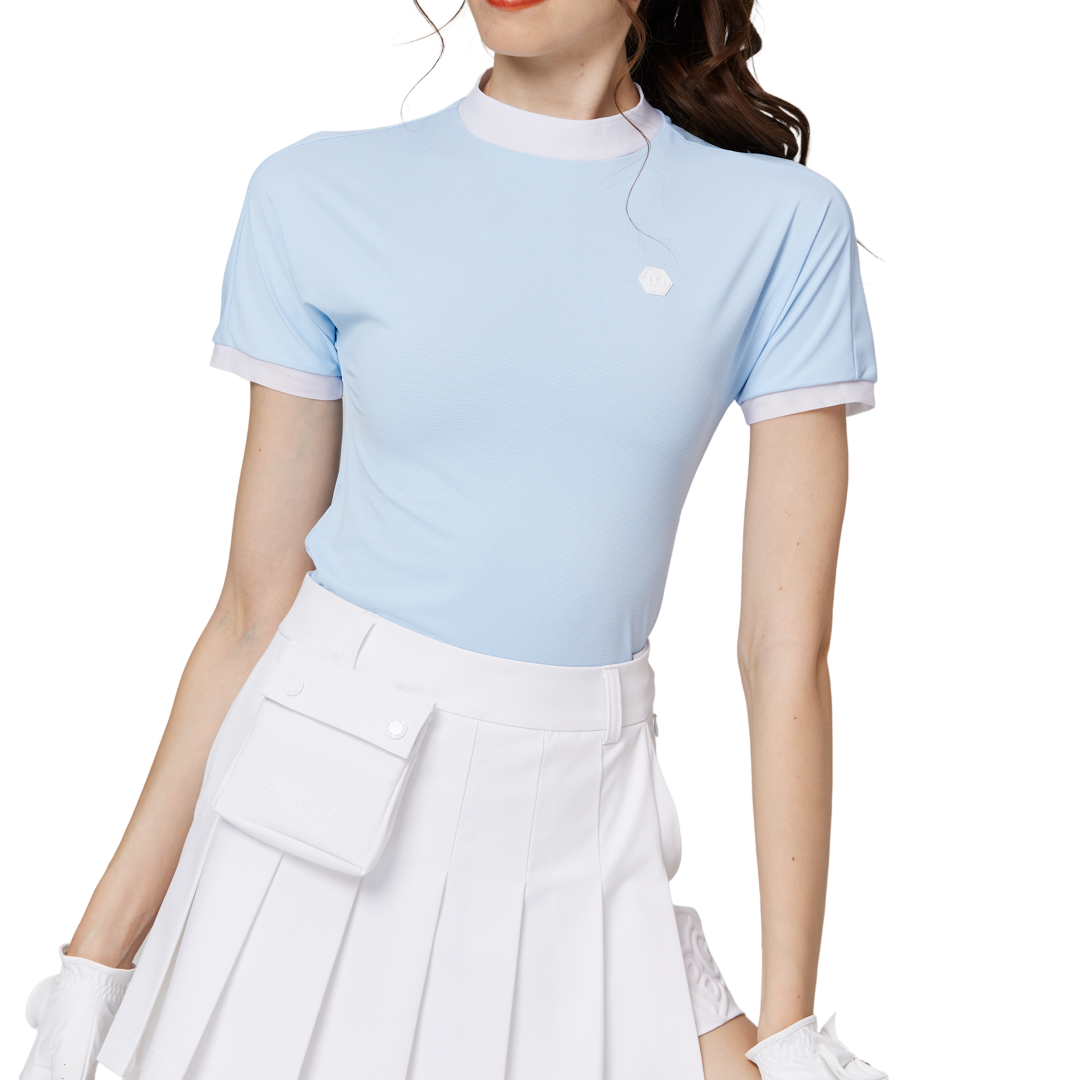 ビーズ付き高伸縮性スタンドカラーレディース半袖トップス