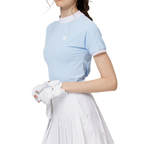 ビーズ付き高伸縮性スタンドカラーレディース半袖トップス