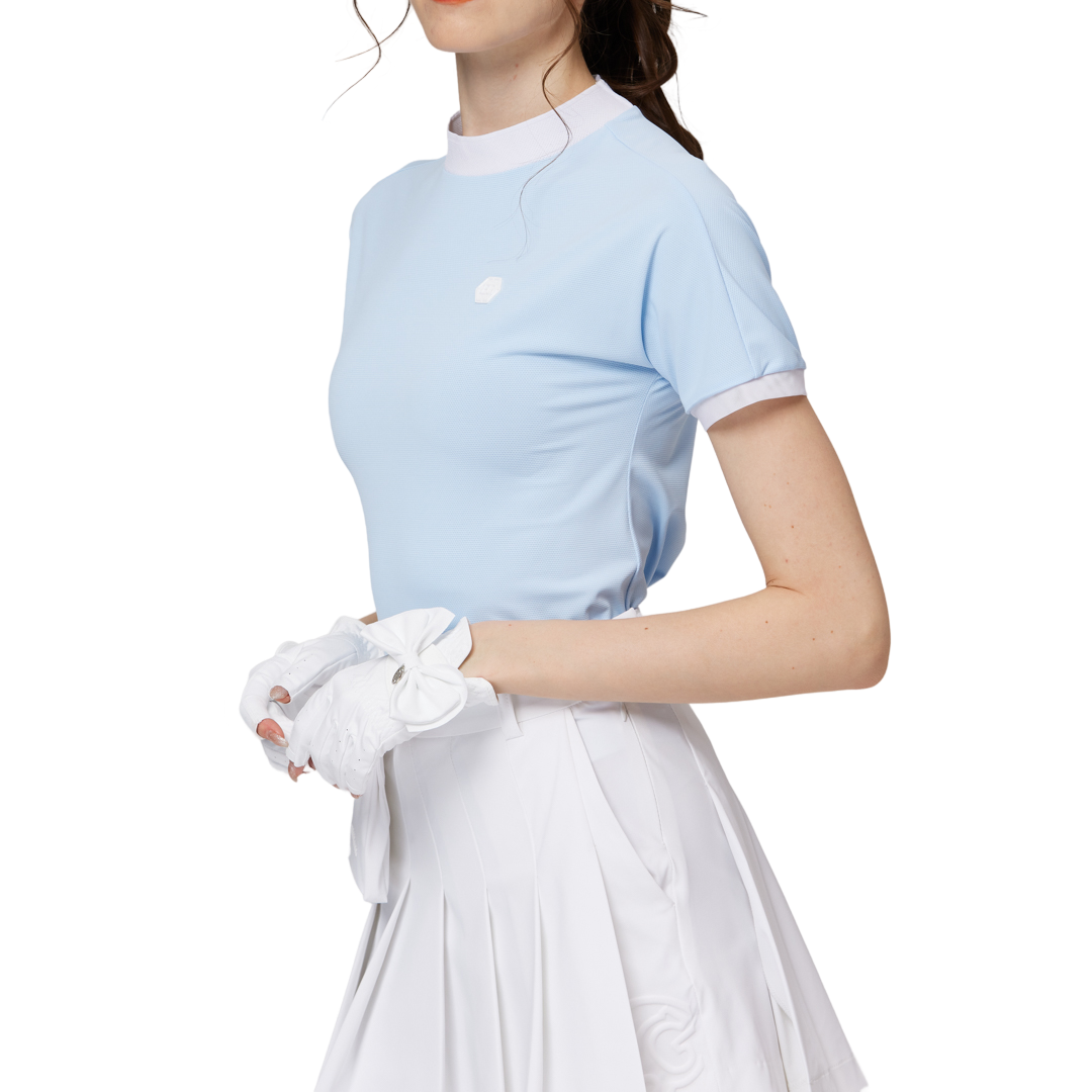 ビーズ付き高伸縮性スタンドカラーレディース半袖トップス