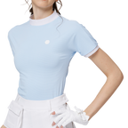 ビーズ付き高伸縮性スタンドカラーレディース半袖トップス