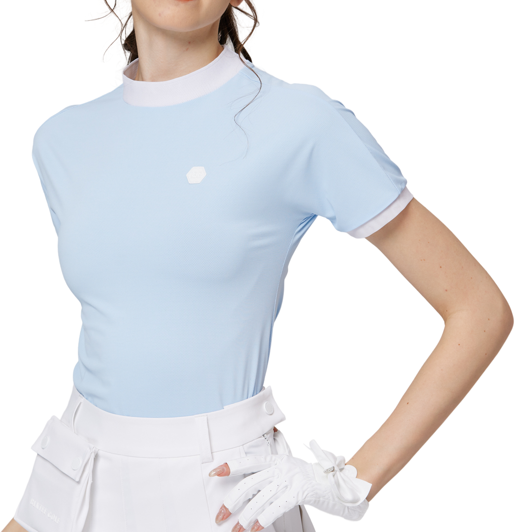 ビーズ付き高伸縮性スタンドカラーレディース半袖トップス