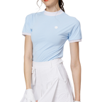 ビーズ付き高伸縮性スタンドカラーレディース半袖トップス