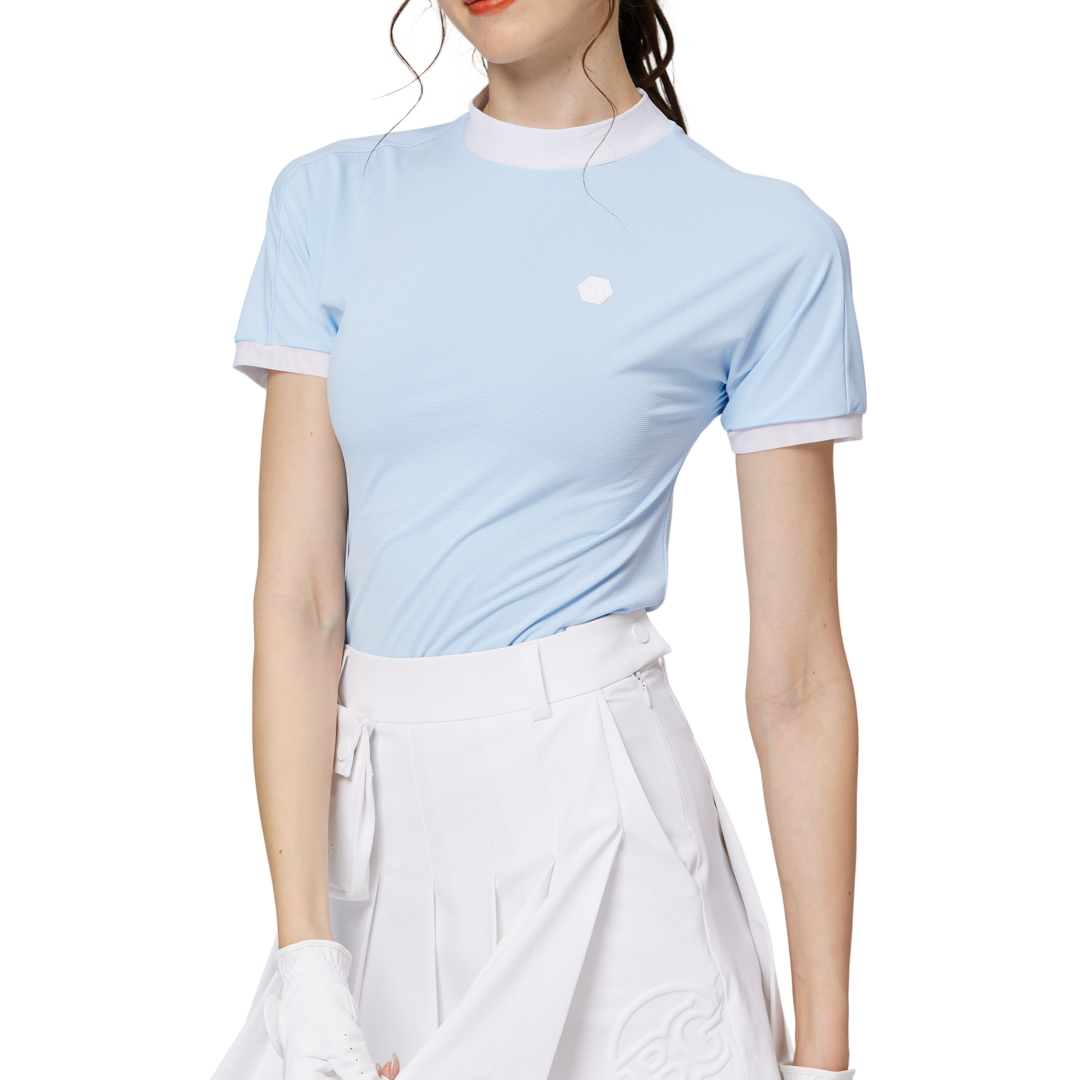 ビーズ付き高伸縮性スタンドカラーレディース半袖トップス