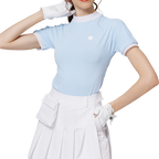 ビーズ付き高伸縮性スタンドカラーレディース半袖トップス