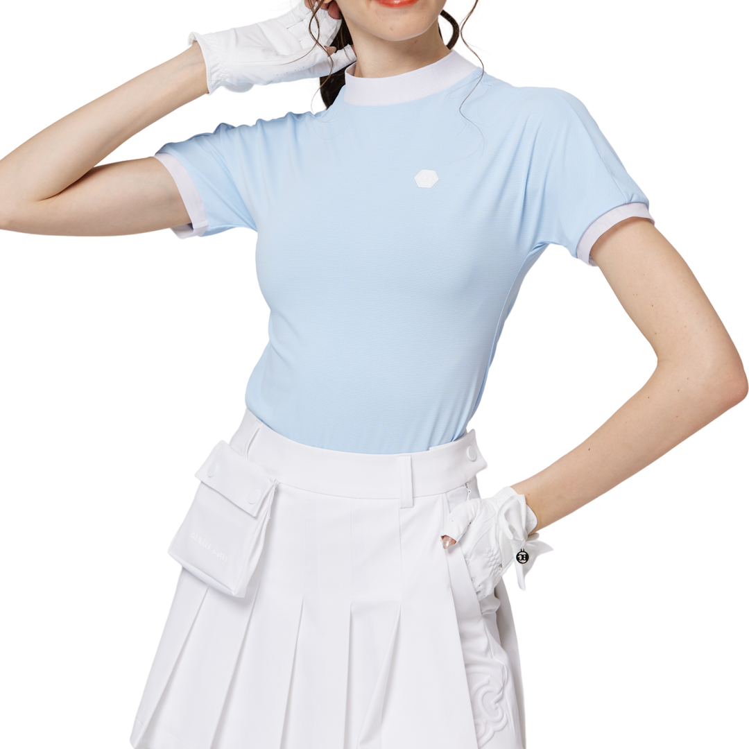 ビーズ付き高伸縮性スタンドカラーレディース半袖トップス