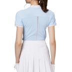 ビーズ付き高伸縮性スタンドカラーレディース半袖トップス