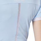 ビーズ付き高伸縮性スタンドカラーレディース半袖トップス