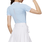 ビーズ付き高伸縮性スタンドカラーレディース半袖トップス